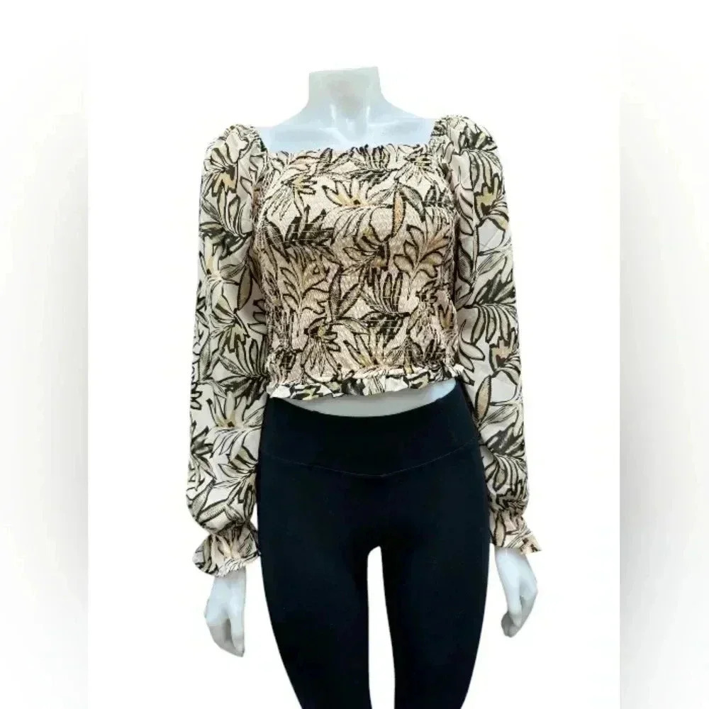 Japna NWT Smocked Crop Long Sleeve Beige Neutral Tone Size Medium
